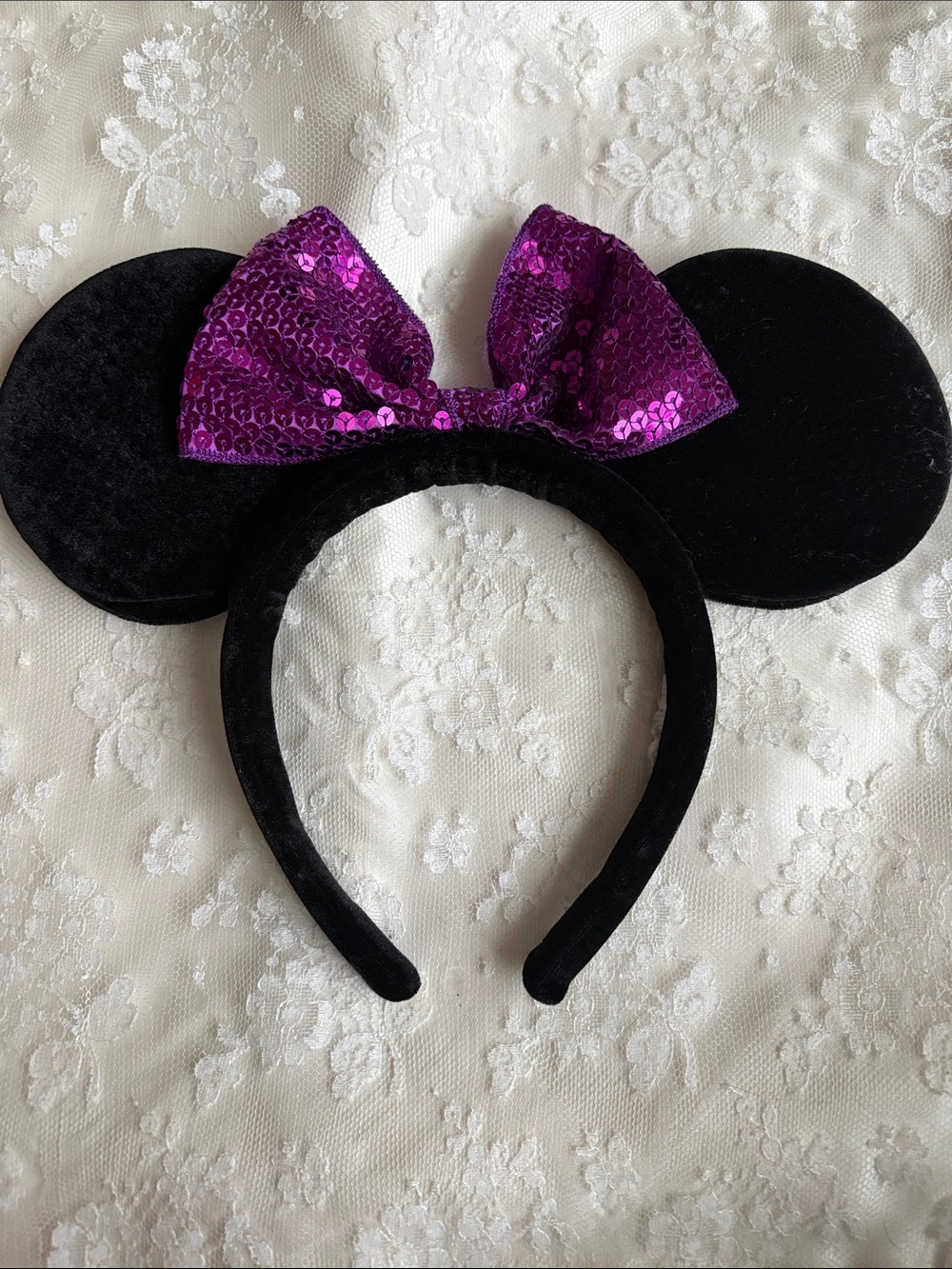 Black Minnie-Style Headband with Purple Sequin Bow Engagement “I said Yes”